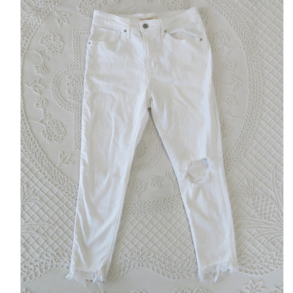 Levis 721 High Rise Skinny Jeans White Distressed Raw Hem Womens 30 Crop Stretch
